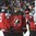 COLOGNE, GERMANY - MAY 20: Canada's Jason Demers #5, Travis Konecny #11, and Mitch Marner #16 talk with each other after a whistle during semifinal round action against Russia at the 2017 IIHF Ice Hockey World Championship. (Photo by Matt Zambonin/HHOF-IIHF Images)


